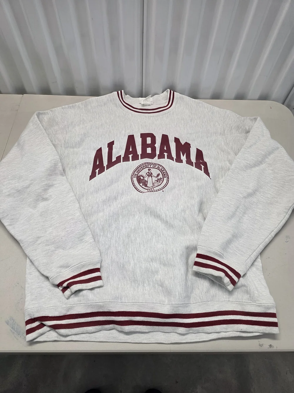 Champion Men’s Gray Crewneck Sweatshirt with Crimson Stripe and Alabama Print